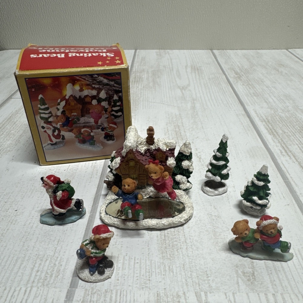 VTG Giftco Miniature Polystone Skating Bears Christmas Decor Display in box